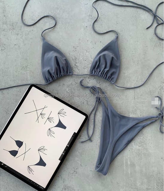 2023 Bikini New Design Halter Neckline Solid Backless Braided Straps Sexi V-String Bottom 2 Piece Set Swimwear