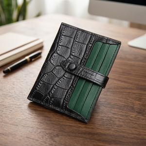 Portefeuille fin en cuir véritable gaufré crocodile, porte-cartes d'identité en cuir de vachette pleine fleur, fermeture à bouton-pression colorée Macaron - Product Image 3