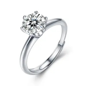 Pabrik Grosir 1ct Cincin Pertunangan Wanita dengan 925 Perak Murni Jelas DEF Klasik 6 Cakar Cincin Berlian Moissanite