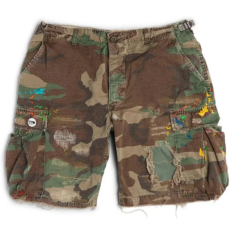 YSJY High street moda cintura elástica jean shorts homens fabricante logotipo personalizado angustiado shorts jeans camo shorts