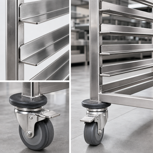 Chariot à plateaux double face en acier inoxydable 201/304 avec rails multi-niveaux et roulettes pour boulangerie, restauration et cuisine - Product Image 6