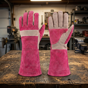 Gants en cuir résistants à la chaleur, 14 pouces, manchette droite, résistance à l'abrasion thermique, gants de sécurité polyvalents, rose - Product Image 3