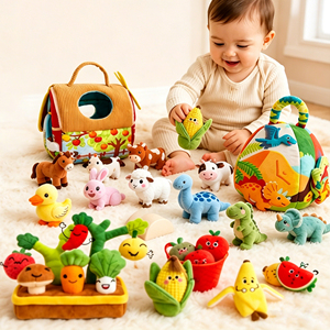 Jouet sensoriel Montessori en gros pour bébé 0-6 6-12 mois, ensemble d'animaux de la ferme en peluche, hochets sensoriels pour bébé, jouets en peluche - Product Image 1