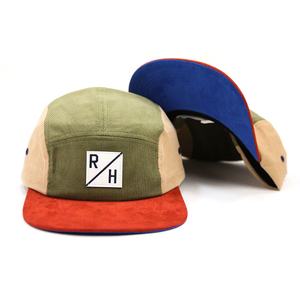 Casquette 5 panneaux en velours côtelé colorblock rétro personnalisée pour enfants, avec patch en cuir, fabrication sur mesure - Product Image 1