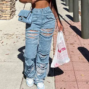 Fashion Summer Ripped Big Hole Sexy Blue Latest Design High Waist Jeans Pocket Distressed Frayed Denim Skinny Jeans Women