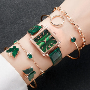 Venta caliente 5PCs Reloj elegante Mujeres <span class=keywords><strong>Roma</strong></span> Dial cuadrado Señoras Reloj de pulsera de cuero Pulseras de mariposa Conjuntos de joyas Regalo para niñas - Product Image 2