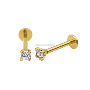 Popular 14K Solid Gold Internally Threaded Labret Ring Custom Real Gold 18G Lip Stud Fine Jewelry Piercings Zircon Stone