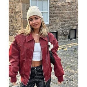 Chaqueta de cuero roja personalizada 2026 para mujer, con cremallera, estilo motociclista, cortavientos, para otoño, de manga larga, tela tejida - Product Image 4