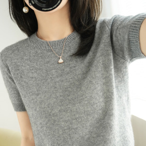 Suéter de punto para mujer, cuello redondo, manga corta, corte holgado, color liso, ideal para primavera y otoño, para usar en capas o como prenda interior. - Product Image 2