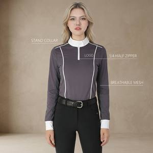 Chemise d'équitation pour femme à manches longues, col montant, fermeture éclair 1/4, en nylon respirant, personnalisable - Product Image 1