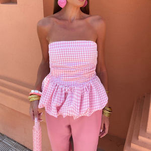 Chemise <span class=keywords><strong>bandeau</strong></span> sans bretelles à volants en vichy rose pour femmes, chemisier d'été à carreaux pour pique-nique et fête - Product Image 3