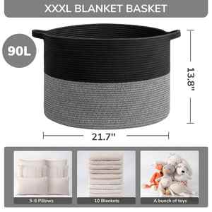 90L <b>Large</b> Cotton Rope <b>Basket</b> 21.7" X 21.7" X 13.8" with Handle Laundry Hamper for Blankets Pillows Toy - Product Image 3