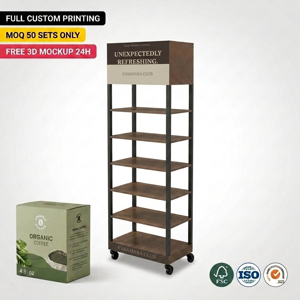 Wholesale Custom Modular Wood Metal Coffee Display Rack Floor Standing Snack Display Stand with Wheels for Retail Boutique — view 1
