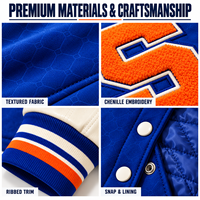 Veste de baseball bleue OEM pour homme avec patchs lettres et numéros en chenille sur le devant, manches en laine et cuir, étiquette personnalisée d'usine OEM