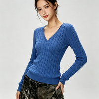 Pull en maille torsadée bleu col en V pour femme, coupe ajustée, manches longues, haut torsadé amincissant, idéal pour l'automne – Commandes personnalisées acceptées