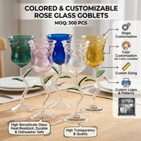 Ensemble de verres à vin en forme de rose colorée, fabricant, vente en gros, OEM, vert, bleu, rose, ambre, transparent, pétales, tige, feuille, gobelet en borosilicate