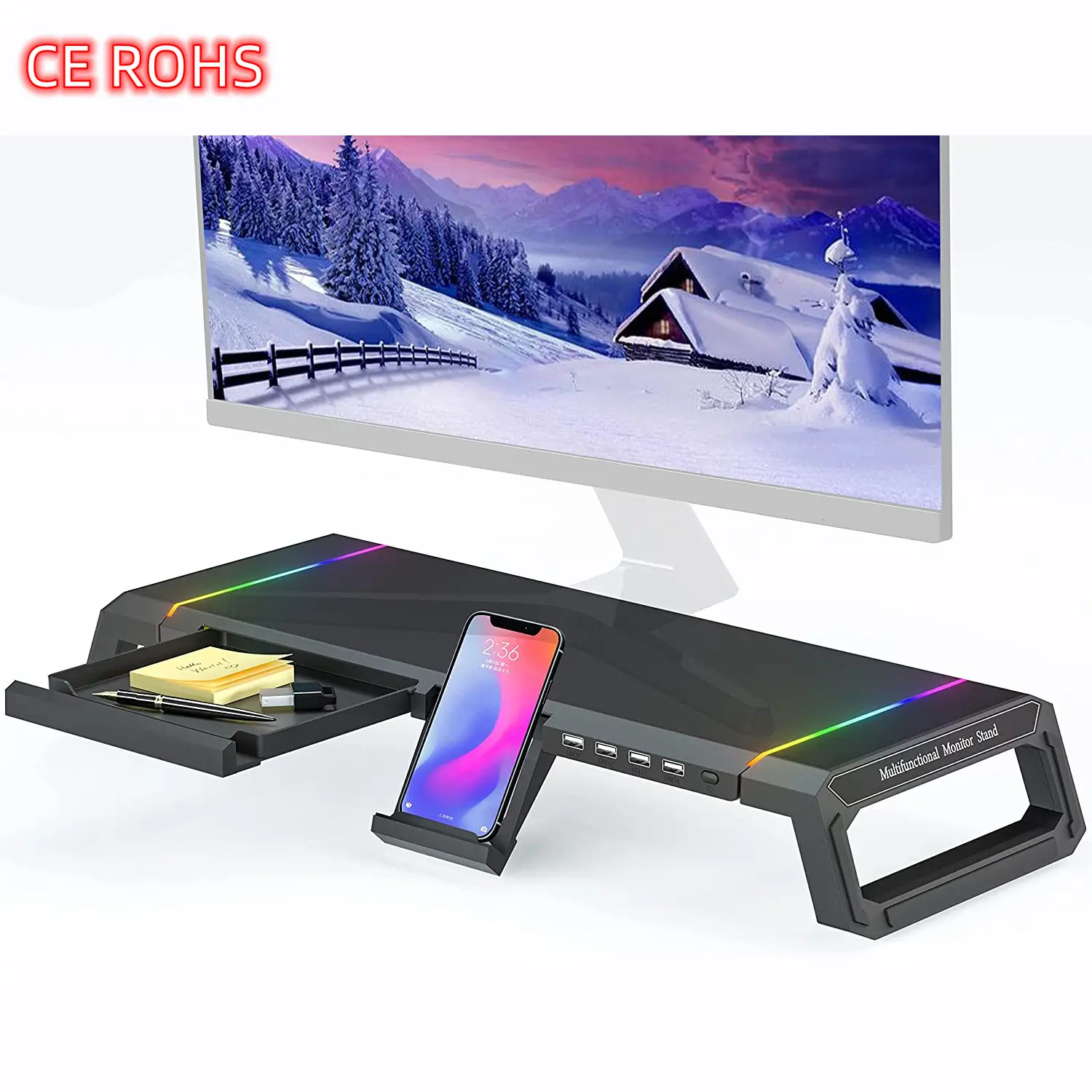 Home Office Desktop Foldable Gaming Lights Computer RGB Monitor Riser Stand with USB HUB and drawer