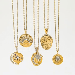 Joyería Personalizada, Collar de Acero Inoxidable con Colgante de Moneda, Luna, Estrella y Sol, con Circonita, Resistente al Agua y al Deslustre, Chapado en Oro de 18K, Joyería de Moda - Product Image 1