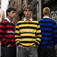 Polo rayé vintage pour homme à col contrastant, chemise de rugby à manches longues imprimée avec lettres graphiques, haut oversize style streetwear