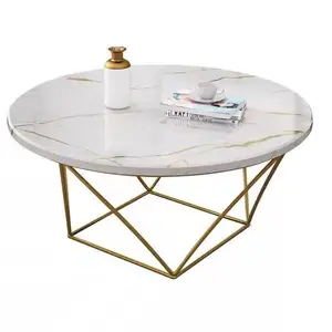 Table basse ronde en acier inoxydable de luxe, mobilier de salon en marbre blanc