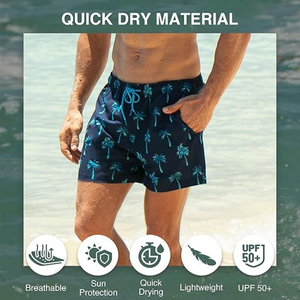 Shorts de Playa con Estampado de Palmeras Azul Marino para Hombre - Traje de Baño Elegante y Cómodo para Vacaciones en la Playa - Product Image 3