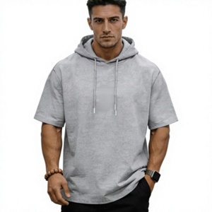 Camiseta con Capucha de Manga Corta para Hombre, Color Gris Sólido, Corte Regular, Estilo Casual, Tejido de Punto Transpirable y Ecológico, 240g - Product Image 1