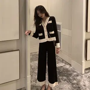 Conjunto de roupa feminina elegante coreano, moda feminina, de malha, manga longa, tops + calças, conjunto de duas peças, roupa feminina, 2022