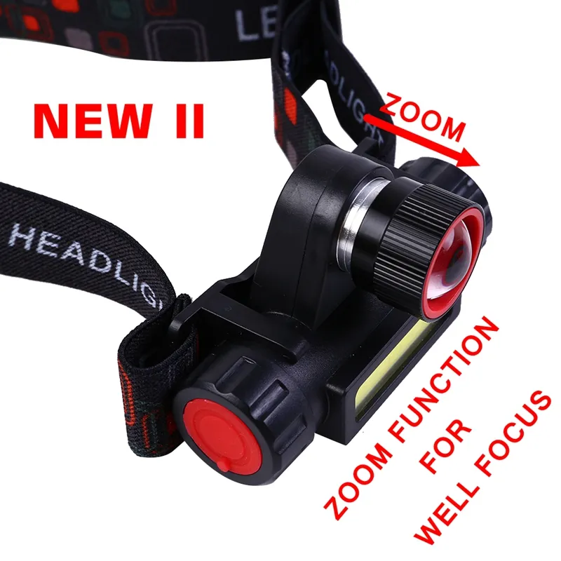 New USB Sạc LED Đèn Pha 3 Wát COB High Lumen Lithium Pin Không Thấm Nước 2 Chùm Đèn Pha Zoom Head Đèn Ánh Sáng