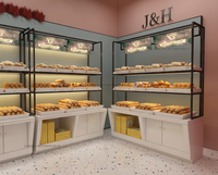 Maßgefertigtes schwarzes Metall-Bäckerei-Displayregal mit weißem Unterschrank, Brotregal, Glas-Dessertvitrine, Ladeneinrichtung