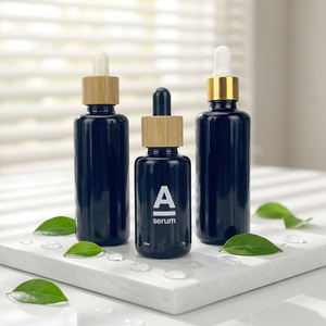 Wholesale Custom Logo Dark Boston Glass Dropper <b>Bottles</b>, Light Block Serum Glass Vials with Bamboo & Gold Dropper Caps - Product Image 3
