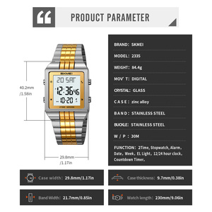 SKMEI 2335 Montre Ultra Fine en Acier Carrée Dorée Personnalisée pour Homme et <span class=keywords><strong>Femme</strong></span>, Montre Cadeau Numérique Étanche avec Chronographe - Product Image 5