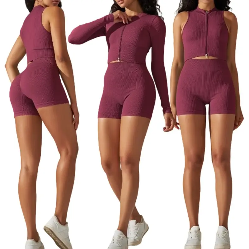 Grosir Set pakaian olahraga wanita 2/3/4 potong pakaian kebugaran Yoga atasan pendek lengan panjang dan celana Set pakaian Gym Set pakaian aktif