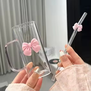 square Colored <b>Lid</b> High Borosilicate High Value Creative Heat-resistant Transparent Glass Straw <b>Cup</b> <b>with</b> Bow - Product Image 5