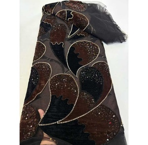 Nueva tela de encaje de <span class=keywords><strong>terciopelo</strong></span> bordado al por mayor de alta calidad con tela de tul de lentejuelas 5 yardas para vestidos de mujer nigerianos - Product Image 1