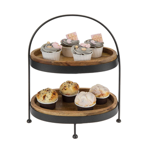 Rustic Handmade Galvanized Black Metal & Mango Wood Oval Serving Cupcake Display Stand 2 Tier Cake Stand