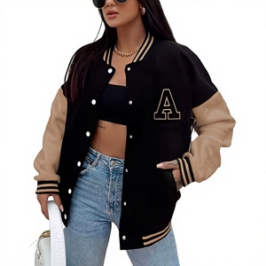 Chaqueta Varsity para Mujer, Negra y Beige, con Letra A Bordada en la Parte Delantera, Manga Larga, Cuello Camisero, Estilo Otoñal - Product Image 1