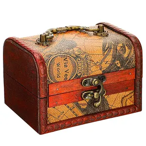 Girls Kids Wooden Pirate Treasure Chest Box with Lock Handle Flower Motif Decorative Vintage Small Trunks for Jewelry Keepsakes