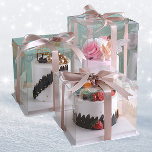 2022 Birthday PET Tall Wedding Clear Cake Box with cardboard base Size customized Cake Packaging Boxes