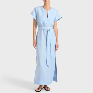 Elegante <span class=keywords><strong>Abito</strong></span> Lungo da Donna in Viscosa e <span class=keywords><strong>Lino</strong></span>, Blu Cielo, Senza Maniche con Tasche - Product Image 1