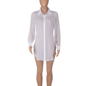 Camisa de Gasa Transparente de Manga Larga con Abertura Lateral, Color Sólido, Estilo Casual, para Mujer, en Oferta - Product Image 3