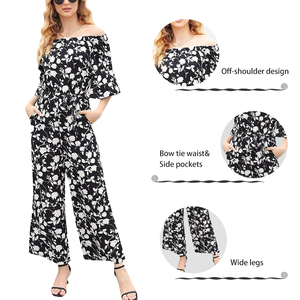 <span class=keywords><strong>Mono</strong></span> POVTY personalizado con estampado Floral para mujer, <span class=keywords><strong>mono</strong></span> con volantes y hombros descubiertos, pantalones de pierna ancha de cintura alta de manga corta, monos de estilo informal - Product Image 2