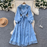 Robe élégante pour femmes WIWT, bleu, dentelle brodée, coupe évasée, col en V, manches longues lanternes, ceinture à nouer, robe midi décontractée pour tous les jours
