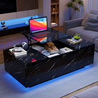Table de bureau relevable Kainice avec éclairage moderne, tiroir, lampe, station de charge, socle en verre noir et rangement, table basse
