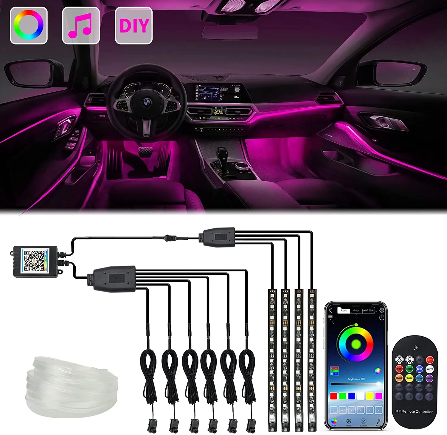Interior Car Lights, Car Accessories 10 in 1 Car LED Strip Lights with APP Control, Multicolor RGB Neon Car Lighting Kits
