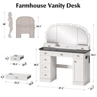 ODM/OEM Coiffeuse Moderne en Bois Massif Blanc avec Miroir et Éclairage 47'' 8 Tiroirs 1 Armoire 2 Plateaux Organiseurs Grande Chambre