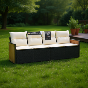 Conjunto de sofá de jardín color crema, blanco y negro, 4 plazas, ratán, madera de teca, muebles de exterior, diseño contemporáneo - Product Image 2