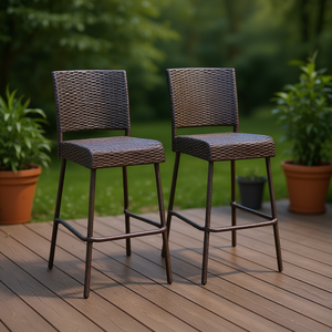 Juego de 2 taburetes de mimbre marrón oscuro con estructura de metal, muebles de bar para exteriores, diseño moderno, uso comercial duradero - Product Image 2