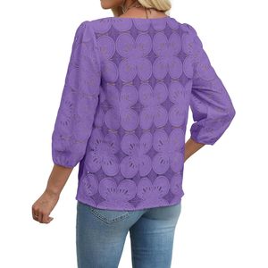 Blusas para mujer, manga 3/4, encaje morado, estampado floral, top informal para el día a día - Product Image 5