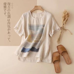 Women Cotton <b>Linen</b> Printed Short Sleeve T-Shirt White Breathable Summer <b>Top</b> Retro Chinese Style Ethnic Design - Product Image 1
