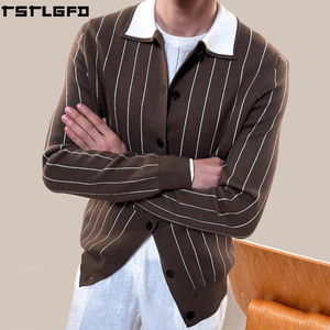 Cardigan en tricot rayé coupé-cousu pour homme, bleu marine et blanc, col contrastant, boutonné, style streetwear, pulls pour hommes, vente en gros pour fabricants - Product Image 5